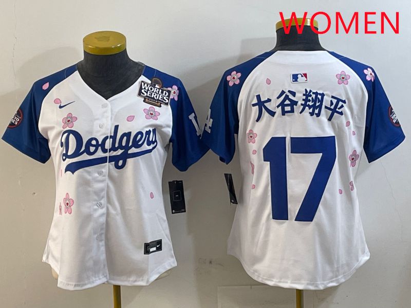 Women Los Angeles Dodgers #17 Ohtani White Blue Sakura Edition 2025 Nike MLB Jersey style 16->women mlb jersey->Women Jersey